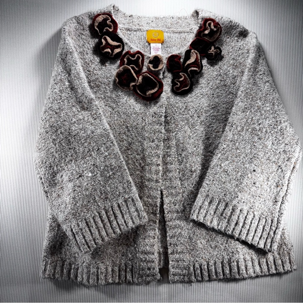 Ruby Rd. Heather Gray Cardigan with Velvet Floral Accents 3/4 Sleeve